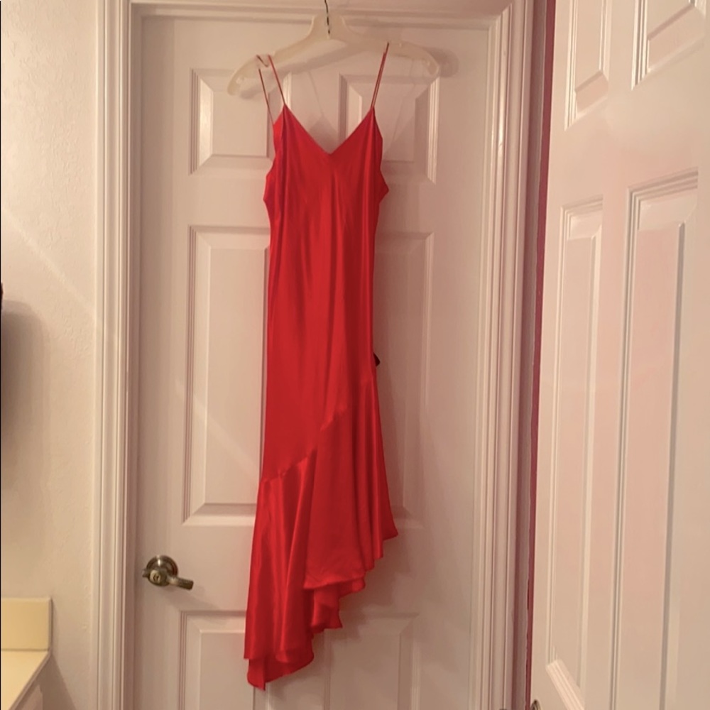 Floor length red silk dress